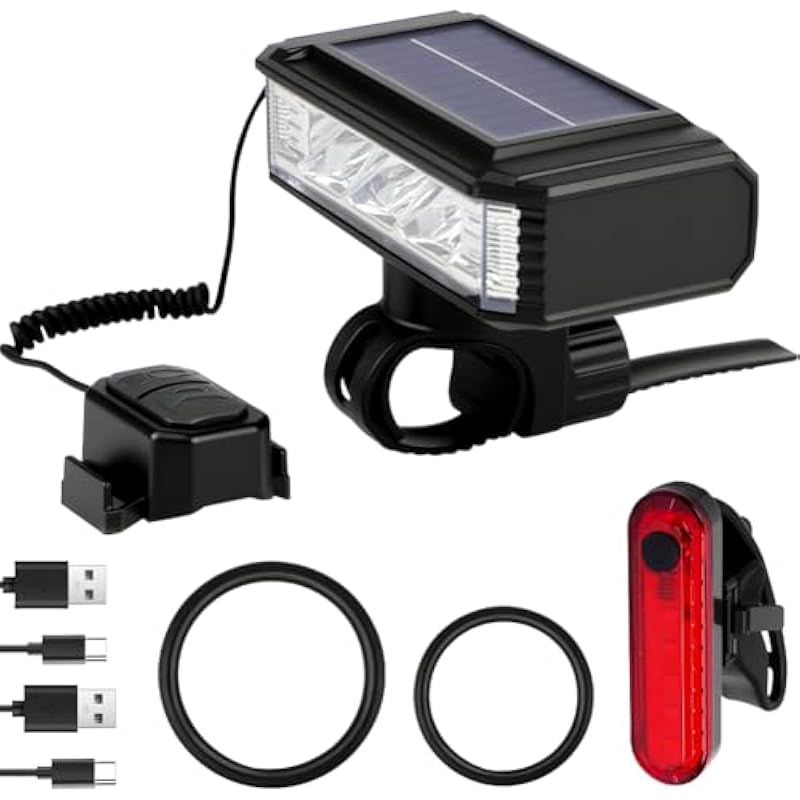 Superhelle Fahrradbeleuchtung, Wasserdichte Led-vorder- Und Rücklichter, Usb-c- Und Solarladung, 5+4 Beleuchtungsmodi, Für Mountainbikes Und Rennräder.
