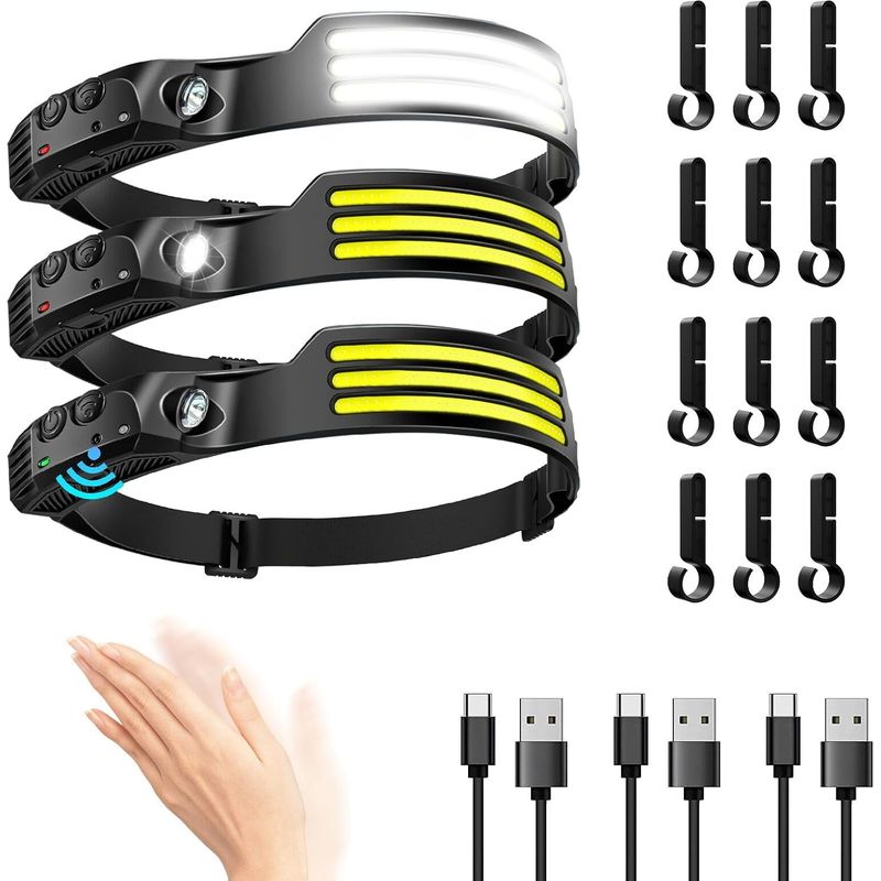 3-teiliges Led-stirnlampen-set, Wiederaufladbar, 230° Breiter Abstrahlwinkel, Mit Bewegungssensor, Wasserdichte Taschenlampe, 5 Modi.