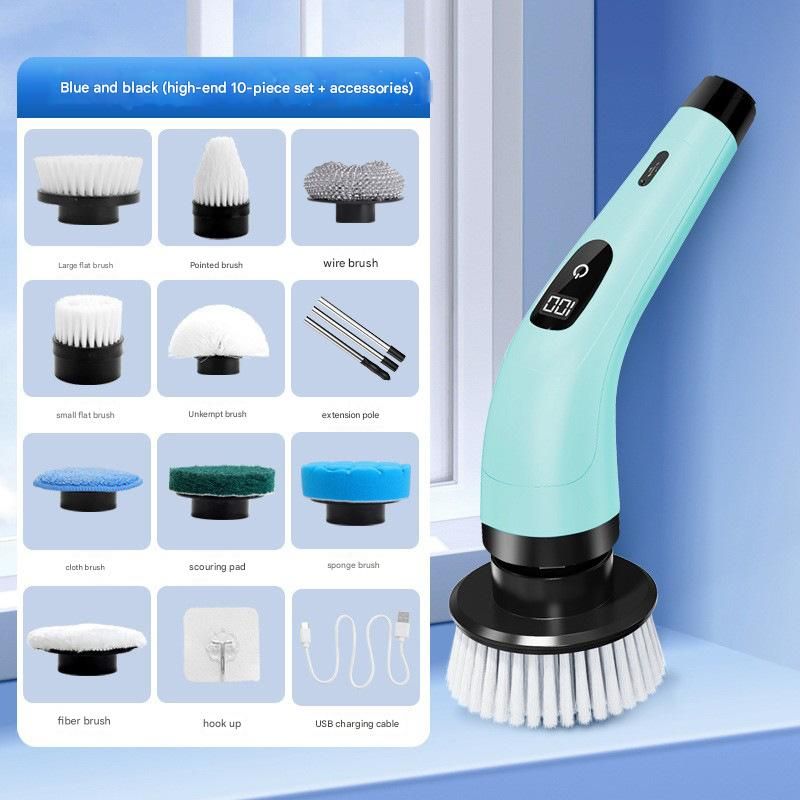 10-teiliges Set, Elektrischer Reiniger, Kabellose Reinigungsbürste, Kabellose Drehzahl 400 U/min, Usb-ladefunktion, 2 Einstellbare Geschwindigkeiten, Blau.