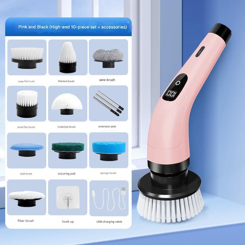 10-teiliges Set, Elektrischer Staubsauger, Kabellose Reinigungsbürste, Kabellose Drehzahl 400 U/min, Usb-ladefunktion, 2 Einstellbare Geschwindigkeiten, Rosa.