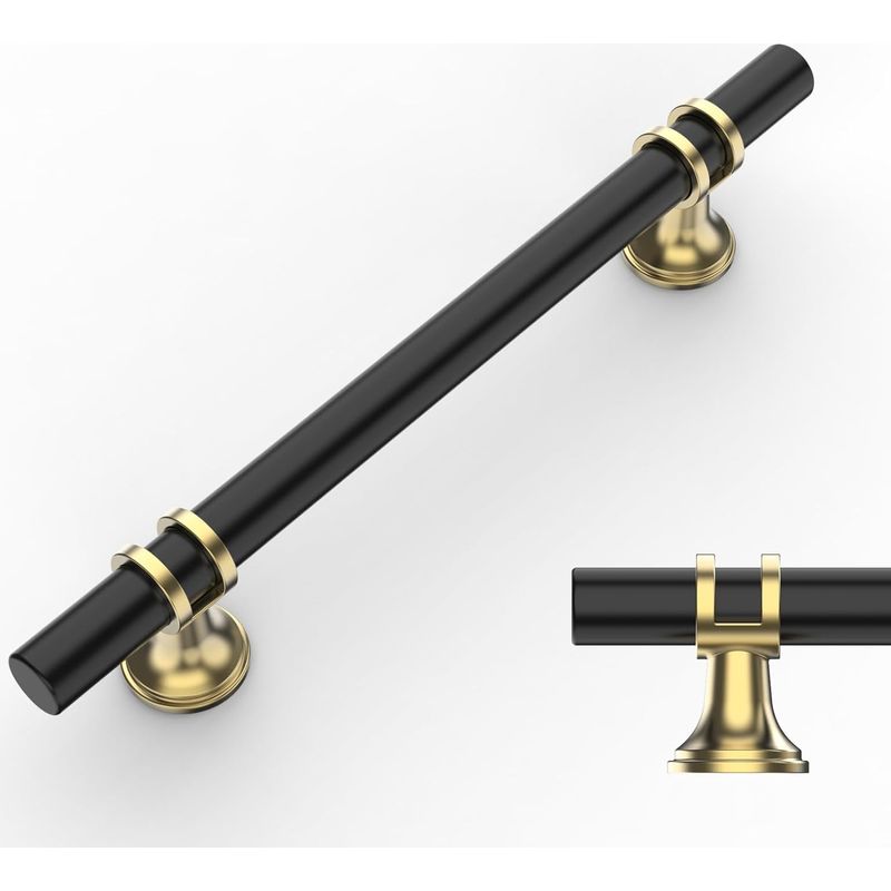 Set Mit 5 Schwarzen Und Goldenen Schrankgriffen, 128 Mm, Mittelloch, Küchenschrankgriffe, Schrankbeschläge, Schubladengriffe