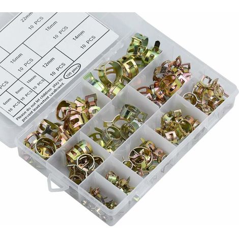 Bravix Lot De 100 Clip À Ressort Tuyau, 6-22mm Serre-joints À Tuyaux Durite Essence Colliers De Clip À Ressort Tuyau Serrage Ajustable Pour Fixer Tuyaux Souples Et Durites