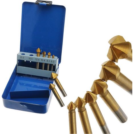 Bravix Ensemble Forets À Fraiser - Ensemble Forets À Fraiser À 90 Degrés Hss, Fraise À Chanfreiner Pour Le Travail Du Bois En Métal, Foret À Chanfreiner Revêtu Titane Hss 6.3-20.5mm, 6pcs(blue Iron Bo