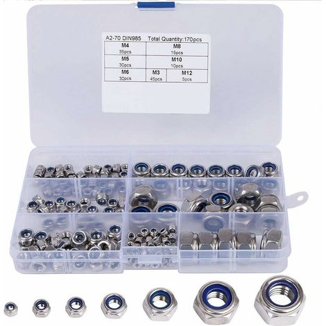 Bravix Ecrou Hexagonal, 170 Pièces Nylon Écrou De Blocage Assortiment Kit, Acier Inox Hexagonale Ecrous De Verrouillage, 304 Et Nylon Dimensions: M3, M4, M5, M6, M8, M10, M12