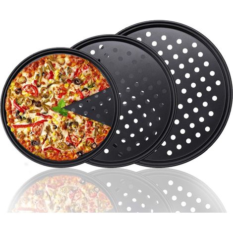 Bravix Plaque Pizza, Lot De 3, Ronde, Perforée, Antiadhésive, Tartes Flambées, En Acier, Moule, ∅ 24.5 Cm、∅ 28 Cm、∅ 32 Cm，anthracite