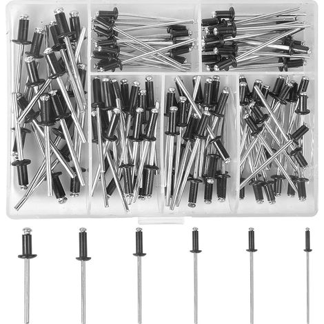 Bravix 120pcs Rivets Aveugles, Rivet Aveugle En Aluminium, Kit De Rivets Aveugles Noirs, Rivet En Métal Avec Etui De Rangement Pour Meubles Pour Riveter Des Pistolets Manuels Électriques, M2.4/m3.2/m4