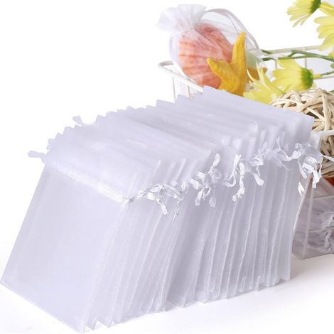 Bravix Lot De 100 Sachets En Organza Blanc, 7 X 9 Cm, Pochette Cadeau En Organza, Pochette À Bijoux, Sachets De Mariage, Sachets De Lavande, Faveur De Mariage