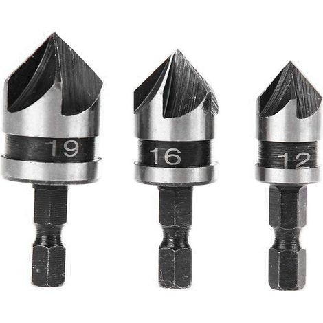 Bravix 3pcs 90 Degrés 5 Flûte Fraises À Chanfreiner Set Pour Bois, Métal Changement Rapide 1/4" Hex Foret À Chanfreiner En Acier Au Carbone Outil De Coupe De Chanfreinage De Bois 12/16/19mm