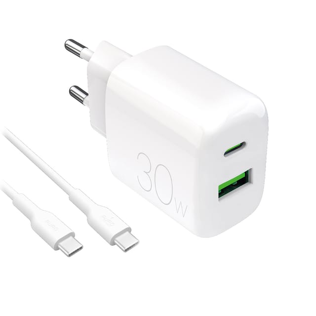 Puro PROLITE 30W USB-A / USB-C Wall Charger + USB-C - USB-C 1.2m Cable - White