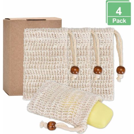 Bravix Sachet De Savon Bio 4 X Sacs De Savon, Sac De Savonsisal Naturel, Résidu De Savon Biologique Durable, Filet De Savon Sans Plastique Pour Gommage Corporel