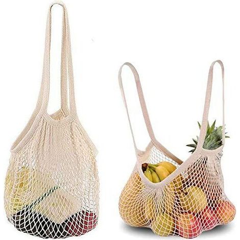 Bravix 2pcs Sacs À Provisions En Filet De Coton, Sac Filet Maille Réutilisable, Sacs À Cordes En Coton Avec Longue Poignée Pour Le Shopping, Le Stockage Beige