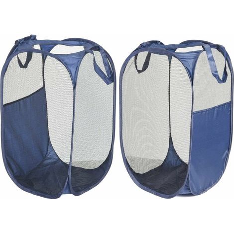 Bravix Panier À Linge Pliable, Corbeilles À Linge Pliable Pop Up En Maille Filet Sac À Linge Avec 2 Poignées Renforcées, Organisateur Pour Vêtements Et Jouets 36x36x58cm，, Marine, Lot De 2