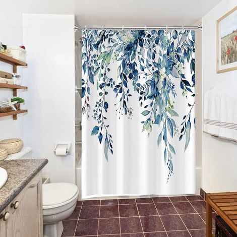 Bravix Rideau Douche Eucalyptus, Rideau De Douche Feuilles Bleu Fleuri Blanc Petit Rideau De Baignoire Anti Moisissure Imperméable Tissu Polyester Lavable Rideau De Bain150lx180hcm