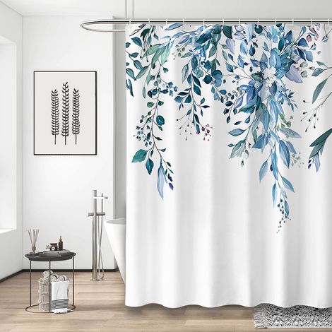 Bravix Rideau De Douche Avec 12 Crochets À Fleurs - En Polyester - Imperméable - Pour Salle De Bain - Ourlet Lesté - Lavable En Machine - Séchage Rapide - 150 X 180 Cm - Bleu