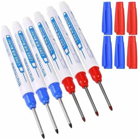 Bravix 6pcs Marqueurs Trou Profond, Marqueur Charpentier, Stylo Marqueur Indélébile À Pointe Fine De 30 Mm, Feutre Permanent Pour Des Marquages À Des Endroits Difficiles D'Accès (bleu Rouge)