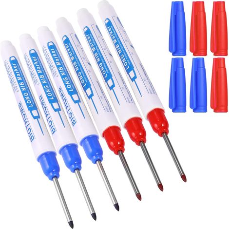 6pcs Marqueurs Trou Profond, Marqueur Charpentier, Stylo Marqueur Indélébile À Pointe Fine De 30 Mm, Feutre Permanent Pour Des Marquages À Des Endroits Difficiles D'Accès (bleu Rouge)