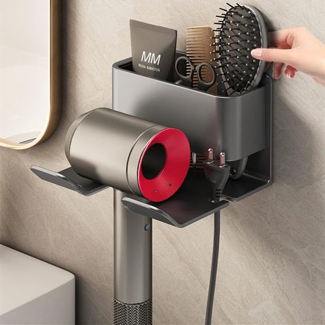 Bravix Support Sèche Cheveux, Aluminium Porte Sèche Cheveux Sans Percage Avec Range-câbles, Porte Seche Cheveux Mural Pour Hôtel De Chambre À Rangement Salle De Bain, Gris