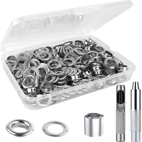 Trousse À Œillets 200 Set Oeillets Pour Baches Avec Outils D'Installation Et Boîte De Rangement, Kit De Grommets Eyelets Diamètre Intérieur 12mm Argenté