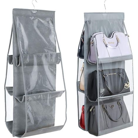 Bravix 2 Pièces Organiseur De Sac À Main Suspendu, Sac De Rangement Pour Armoire, Placard, Système D’organisateurs,6 Poches Anti-poussière,compartiment Transparent,non Tissé - Gris