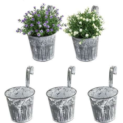 5pcs Pots De Fleurs À Suspendre En Fer Style Vinage Avec Crochets Anses Seau De Plante Pour Décoration Intérieur Extérieur De Maison Balcon Jardin Grille