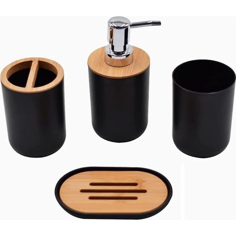 Bravix Lot De 4 Ensemble D'Accessoires De Salle De Bain En Bambou - Bouteilles De Lotion, Porte-brosse À Dents, Tasse À Dents, Porte-savon