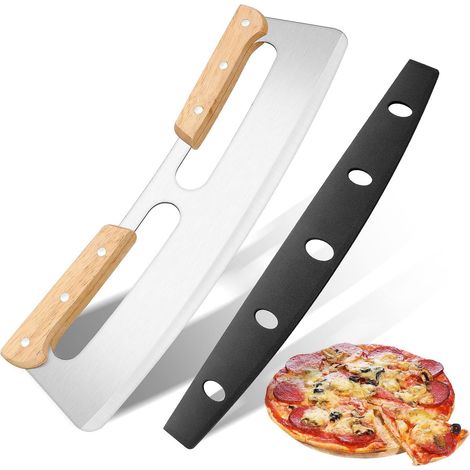 Bravix Coupe Pizza 35cm, Coupe-pizza À Bascule Avec Double Manche En Bois, Lame De Trancheuse À Pizza En Acier Inoxydable Avec Housse De Protection, Adapté Pour Couper La Pizza