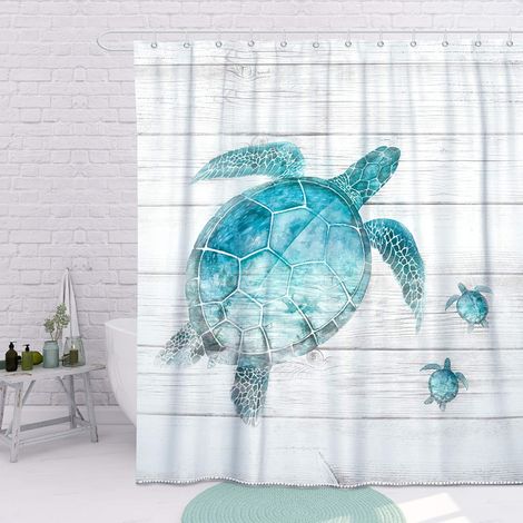 Bravix Rideau De Douche Bleu Turquoise Motif Tortue De Mer Style Maison De Campagne Couleur Bois Océan Mer Animal Salle De Bain Vintage Imperméable Lavable Avec 12 Anneaux Blancs 180x180cm