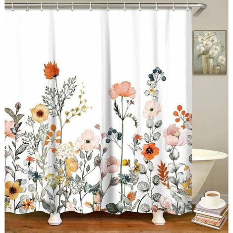 Bravix Rideau De Douche En Tissu Avec 12 Crochets - Motif Floral - Accessoire De Salle De Bain Moderne - Lavable En Machine - 180 X 200 Cm