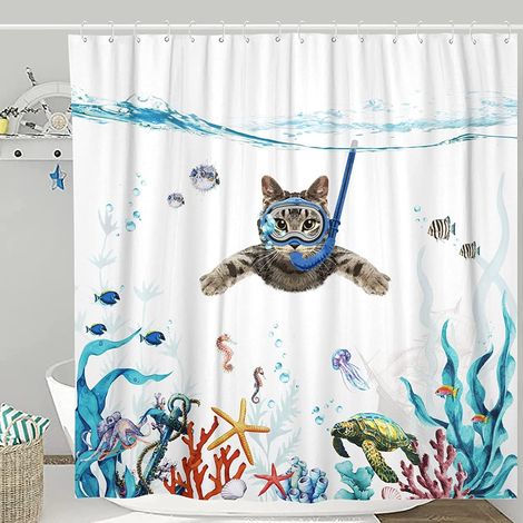 Bravix Rideau De Douche 180 X 180 Cm Plongée Chat Océan Imprimé Imperméable Rideau De Bain Lavable Anti Tissu Polyester À Séchage Rapide Accessoire De Salle De Bain Avec 12 Crochets
