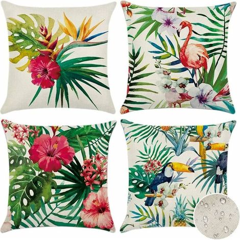 Bravix Extérieur Housse De Coussin, Lot De 4 Imperméable Plantes Et Fleurs Tropicales Et Oiseaux Motif Canapé Taie D'Oreiller Pour Patio Jardin Salon Chambre Décoration, 45x45cm