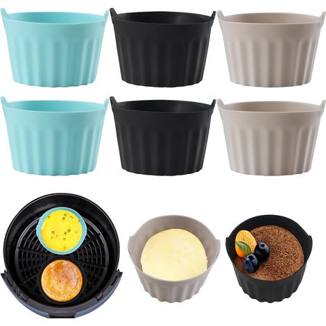 Bravix 6pcs Moule Silicone Air Fryer,plat Pour Friteuse Sans Huile,coupe Moule,moule Pour Gâteau Au Four,moule À Tarte Aux Oeufs，air Friteuse Accessoires, Silicone Bakeware，noir + Gris+bleu