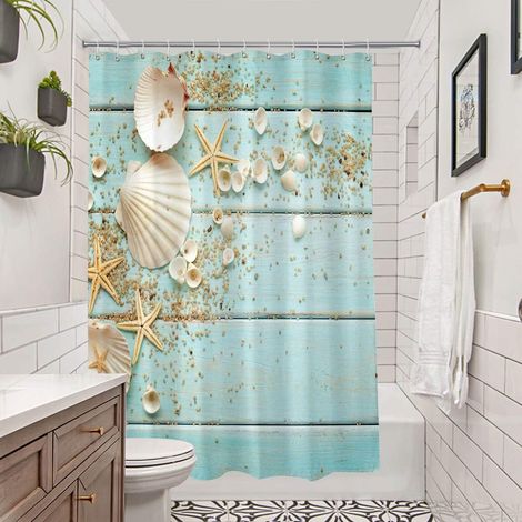 Bravix Rideau De Bain En Tissu De Plage Rideau De Bain De 72 Pouces De Long Rideau De Bain Côtier Avec Crochet Coquillages Étoiles De Mer, Ensemble De Rideau De Bain Bleu Ciel Décoration De Salle De B