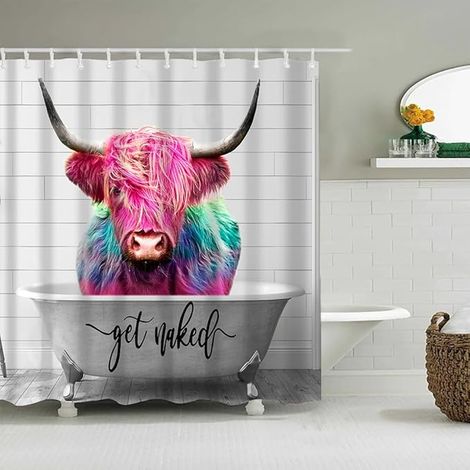 Bravix Rideau De Douche Pour Salle De Bain Baignoire Anti Moisissure Shower Curtain Imperméable Tissu Lavable Rideau Salle De Bain Avec Crochets Rideau Douche Animaux Vache Floral (100 X 180cm)