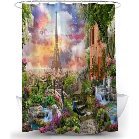 Bravix Rideau De Douche Imperméable Et Résistant À La Moisissure Motif Paris Tour Eiffel Paon Rideau De Bain En Polyester 180 X 180 Cm