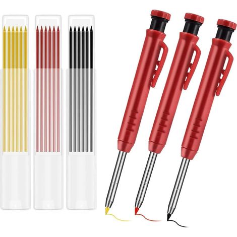 Bravix 3 Pièces Crayon Chantier, Crayon Menuisier Avec 18 Recharges Gris Jaune Rouge, Crayon De Chantier Avec Taille-crayon Intégré Pour Dessin Faire Scribering Travail Du Bois