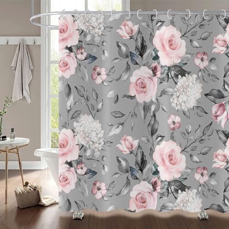 Bravix Rideau De Douche Fleurs 180x180, Rose Gris Fleur Rideau De Douche Élégant Vintage Fleur Aquarelle Roses Rideau De Baignoire Imperméable Polyester Tissu Lavable Rideau De Bain Avec Crochets