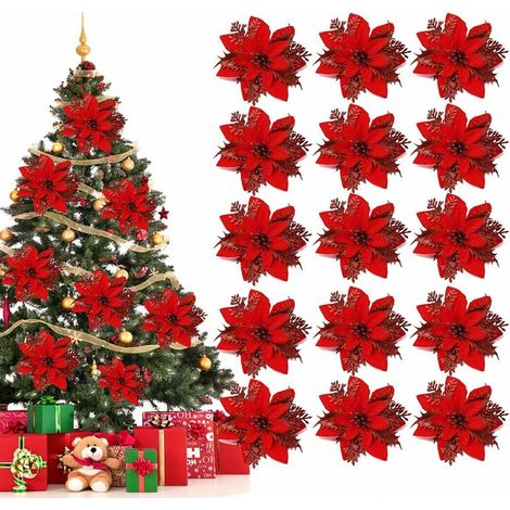 Fleurs De Noël, 15 Pcs Fleurs Pour Sapin De Noël, Decoration Noel Sapin, Fleurs Artificielles De Poinsettia, Pour Arbre De Noël, Fête D'Anniversaire (rouge)