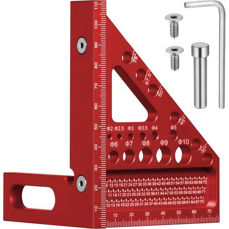 Bravix 3d Multi-angle Equerre Menuisier Avec Goupilles Cachées, 22.5-90°equerre 3d En Alliage D'Aluminium Avec 11 Différents Types De Trous Gabarit De Perçage, Equerre Charpentier Précise,rouge