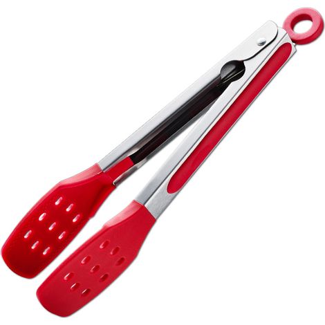Bravix Pinces De Cuisine De 9 Pouces, Pinces En Acier Inoxydable Avec Embouts Fendus En Silicone, Pinces Antiadhésives Résistantes À La Chaleur Pour La Cuisine, Buffet, Service De Salade (9", Rouge)