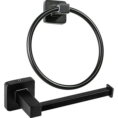 Ensemble 2 Pièces Porte Rouleau Papier Toilette, Anneau Porte Serviettes Acier Inoxydable, Support Papier Toilette Derouleur Mural, Noir Mat