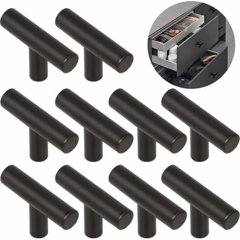 Bravix 10 Pièces Poignée En Alliage T Brossé Porte D'Armoire À Ouverture Facile Meubles Monotrou, 5 X 1,2 X 3 Cm - Noir
