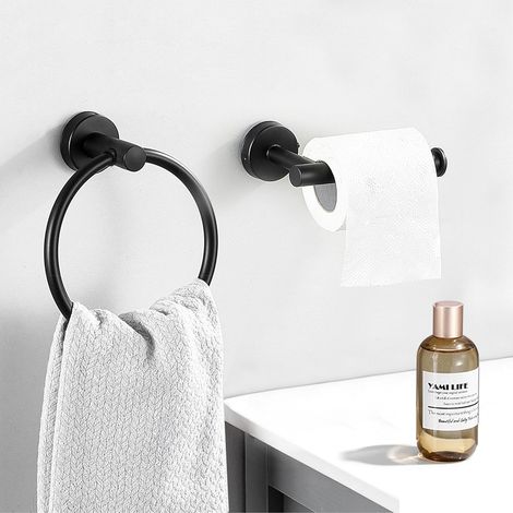Porte-rouleau De Papier Toilette Et Anneau Porte-serviette, 2 Accessoires De Salle De Bain Acier Inoxydable Noir Mat