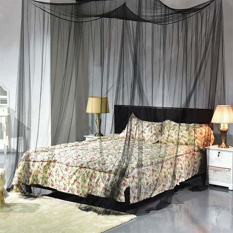 Bravix Moustiquaire, Lit À Baldaquin Moustiquaire Rideau Solide Couleur Maille 4 Portes Chambre Home Decor Cadeau Noir