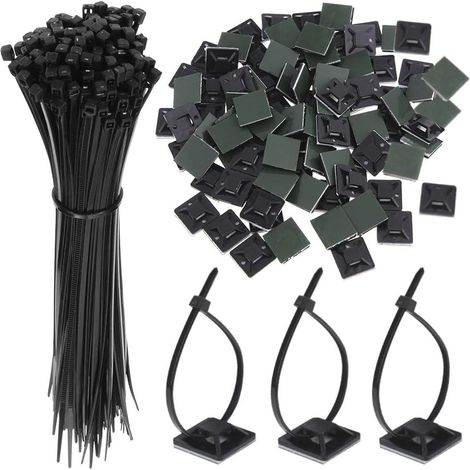 Bravix 100pcs Zip Tie Adhésifs Noir Collier De Serrage Supports Auto-adhésifs 150mm X 2.5mm, Base De Serre-câbles Avec Attache Cable Universel À Usages Multiples