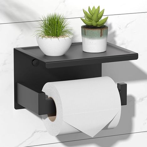 Bravix Porte Rouleau Papier Toilette Auto-adhésif Avec Tablette, Support Papier Toilette Mural Pour Salle De Bain, Acier Inoxydable Sus 304, Derouleur Wc Sans Percage - Noir Mat