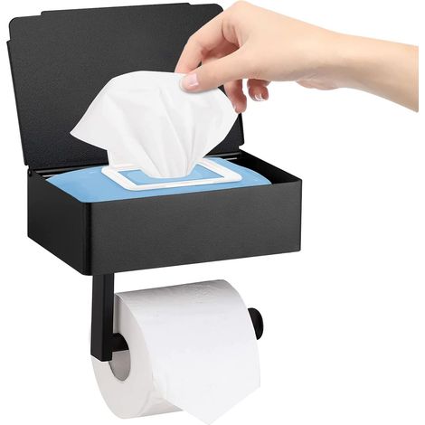 Bravix Porte Rouleau De Papier Toilette Avec Boîte À Lingettes Humides, Support Mural Noir Mat Pour Rouleau De Papier Toilette En Acier Inoxydable Pour Cuisine Et Salle De Bain Adhésif Ou Perçage (noi