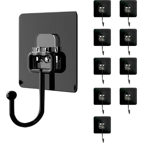 Lot De 10 Cochet Adhésif Mural(maximum 30 Kg) - Noir - Étanche Et Sans Trace - Fixation Murale Sans Percer Pour Salle De Bain, Plafond, Crochet Mural, Ustensiles De Cuisine, Clés, Sac À Dos