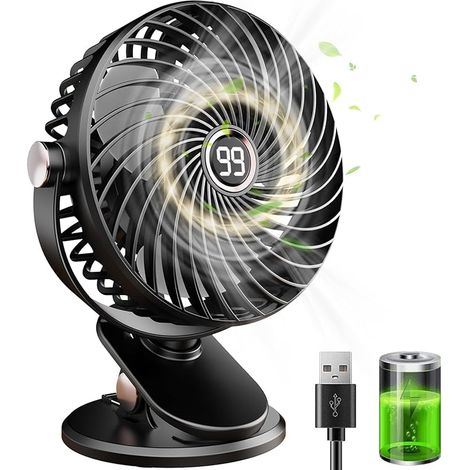 Bravix Ventilateur De Bureau, Mini Ventilateur Usb Silencieux Avec Écran Lcd, 6000mah Petit Ventilateur Portable Rechargeable, 5 Vitesses, Rotation 360°, Ventilateur Pince Pour Bureau Maison Camping