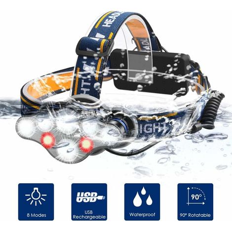 Bravix Lampe Frontal Led, 8 Modes Lampe Frontale Usb Rechargeable Torche 12000 Lumin, Ipx4 Étanche, Lampe Frontal Torche Pour Pêche, Camping, Lecture, Randonnée, Cyclisme, Avec Câble Usb
