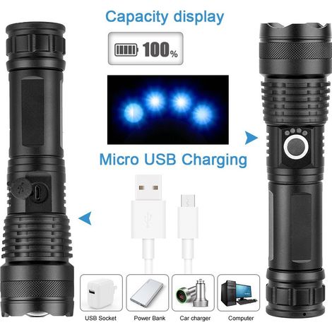 Bravix Lampe Torche Led Cree Xhp50 Ultra Puissante, 3 000 Lumens, Rechargeable Par Usb, 5 Modes, Étanche Ip65, Zoom Militaire, Pour Le Camping Et La Randonnée (piles Non Incluses)